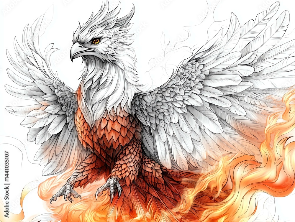 Obraz premium A majestic mythical bird, the phoenix, rises with fiery wings and a regal presence, symbolizing rebirth and strength.