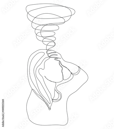Sketch problem concept minimal woman emotion stress headache drawing line art. Female unhappy depress hand drawn continuous line concept with white isolated background. Abstract,vector,illustration.