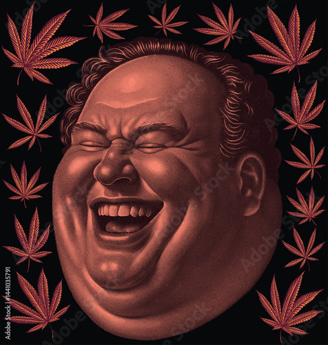 Laughing Fat Man and Marijuana. Editable hand drawn illustration. Vector vintage engraving. Isolated on black background. 8 EPS