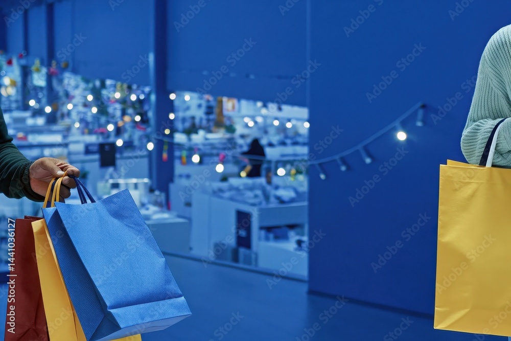 Obraz premium Shopping experience during evening hours with colorful bags in a vibrant market setting Generative AI