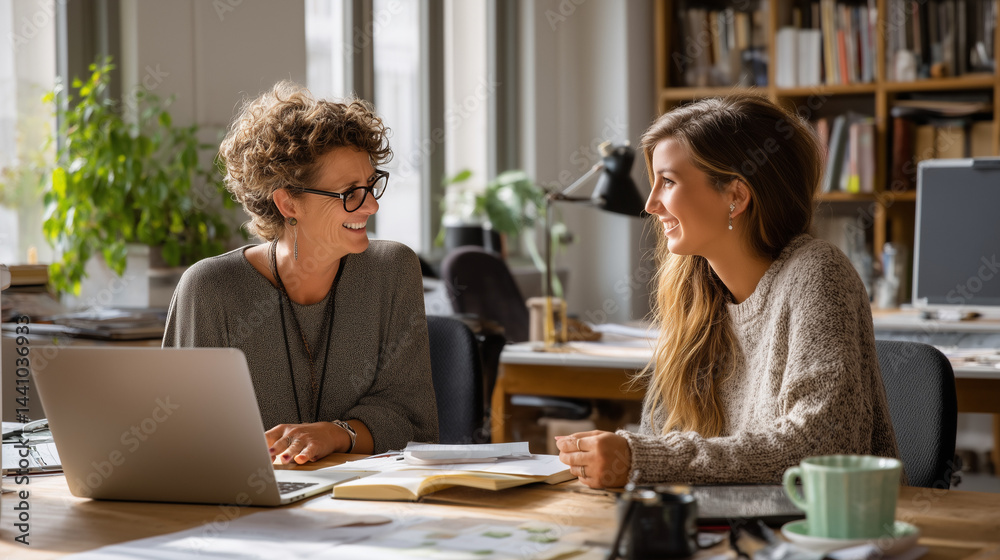 A mentoring session between an experienced employee and a new team member in a business environment.
A mentoring session between an experienced employee and a new team member in a business environment.