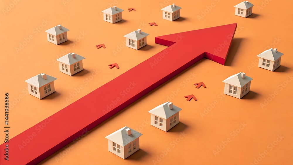 Rising Real Estate Trends: A visual representation of upward growth in the real estate market, symbolizing the increasing value of houses with an upward red arrow.