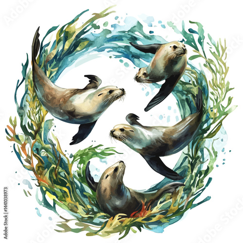 Swirling Kelp Forest With Sea Lions, vector watercolor illustration, isolated on a white background.