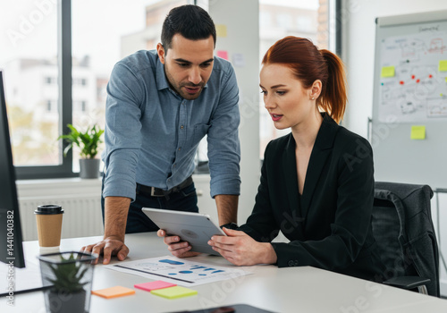 Business colleagues discussing over digital tablet at desk in office