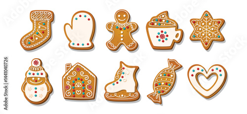 Christmas Gingerbread cookies for celebrating xmas. Winter homemade cakes in festive shapes isolated on white background. Cute childish cartoon vector illustration
