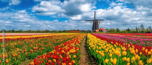 Panorama of landscape with blooming colorful tulip field, traditional dutch windmill and blue cloudy sky in Netherlands Holland , Europe - Tulips flowers background panoramic banner