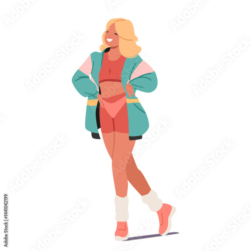 Pretty young woman cartoon character wearing clothing from 80s isolated on white background