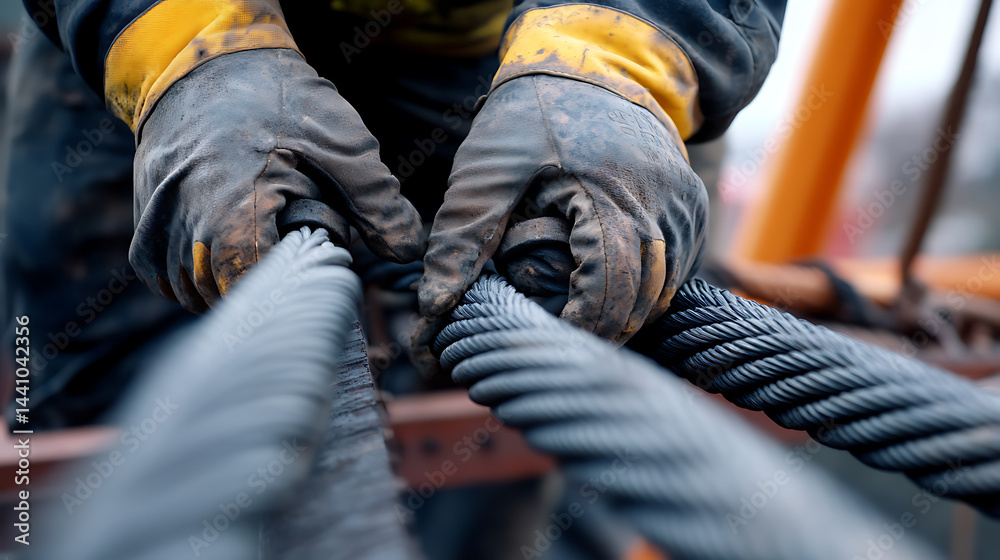 Worker Handling Heavy Duty Wire Ropes Worker Handling Heavy Duty Wire Ropes