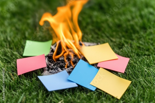 Colorful sticky notes burning on green grass, small fire consuming paper on the lawn. photo