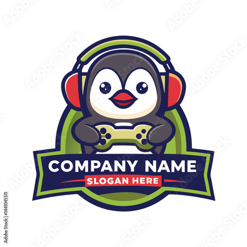 Cute penguin mascot logo holding a joystick, wearing headphones