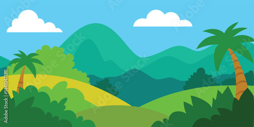 Jungle hills cartoon wide view vector illustration