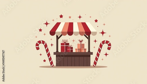 Stylized Christmas gift kiosk illustration in muted colors for festive branding