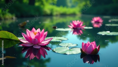 Lake surface with floating lotus flowers creating a vibrant floral design, elegant, reflection, background