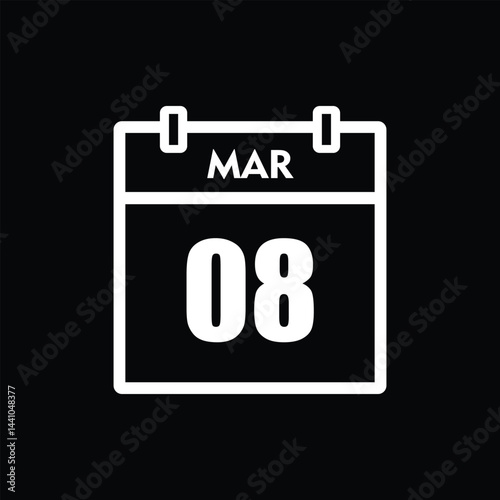 calender icon, 08 march icon with black background	