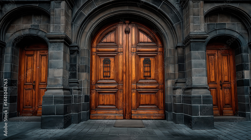 Grand Wooden Entrance: Capturing the strength and elegance of classic architecture with a view of three doors of a historic building. Grand Wooden Entrance: Capturing the strength and elegance of classic architecture with a view of three doors of a historic building.