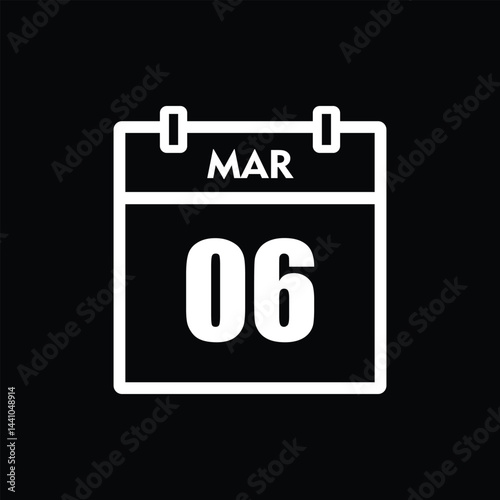 calender icon, 06 march icon with black background	
