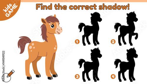 Educational kids game. Find the correct shadow. Farm foal. Cartoon small horse. Puzzle for preschool, school children. Activity book. Worksheet for education. Baby vector illustration of farm animal.