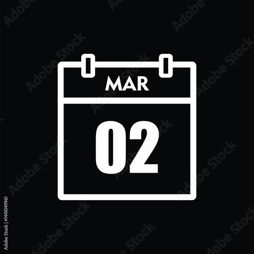 calender icon, 02 march icon with black background	
