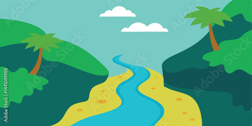Tiny river seen from jungle cliff cartoon vector illustration