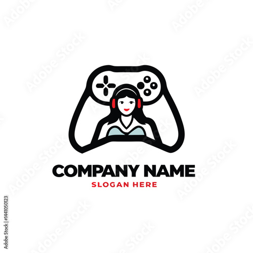 Gaming logo featuring a female gamer with headphones and a controller