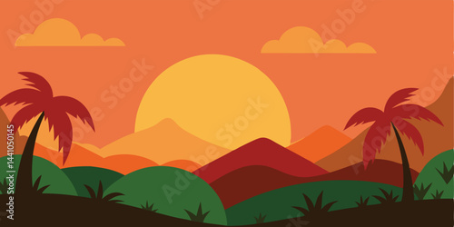 Sunset over jungle cartoon background vector illustration