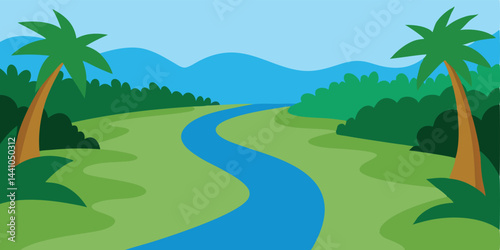River bend through jungle cartoon background vector illustration