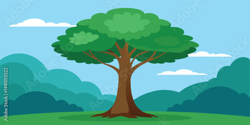 Single huge tree in peaceful jungle cartoon vector illustration