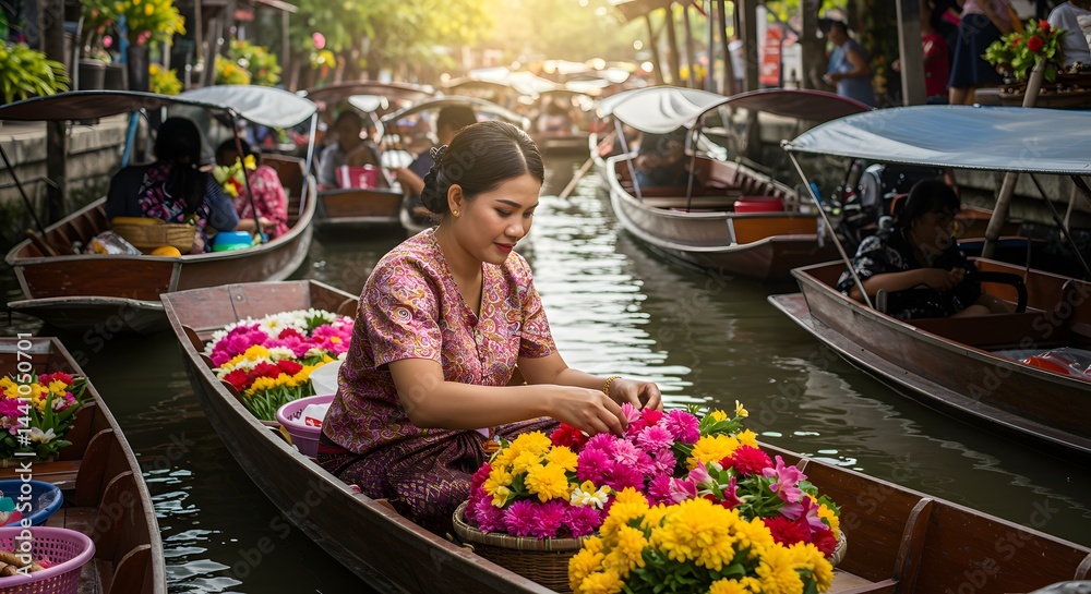 Obraz premium Floating market vendor selling flowers in bangkok thailand traditional boat travel destination asia culture