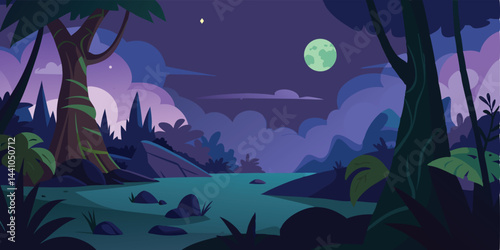 Mystic cartoon jungle under the moonlight vector illustration