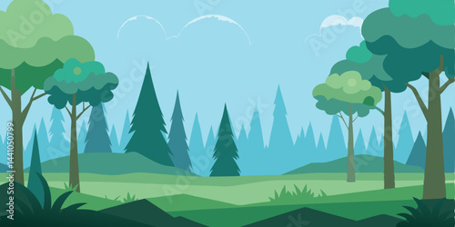 Misty morning forest cartoon scene vector illustration
