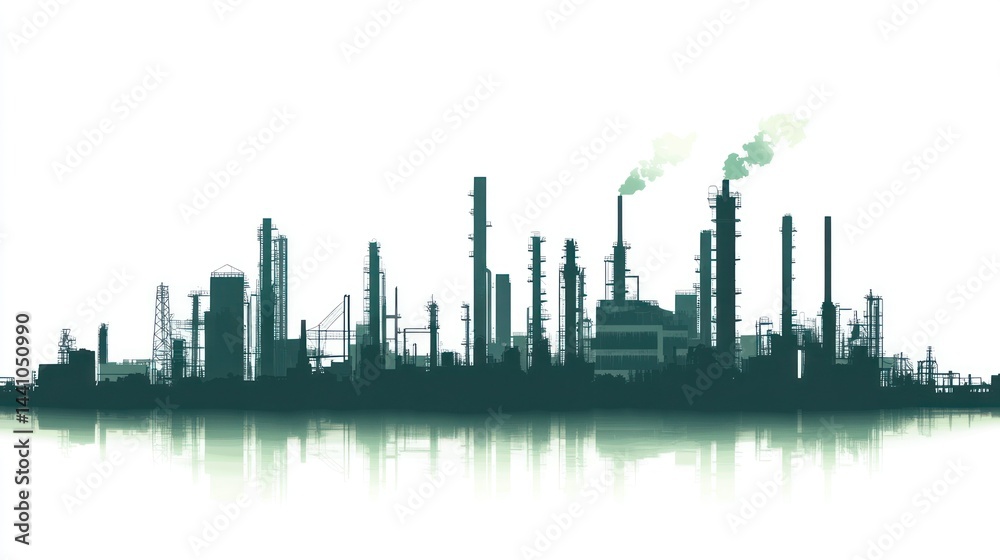 Obraz premium Industrial complex silhouette, reflected in water