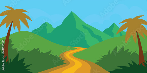 Jungle mountain pass cartoon background vector illustration