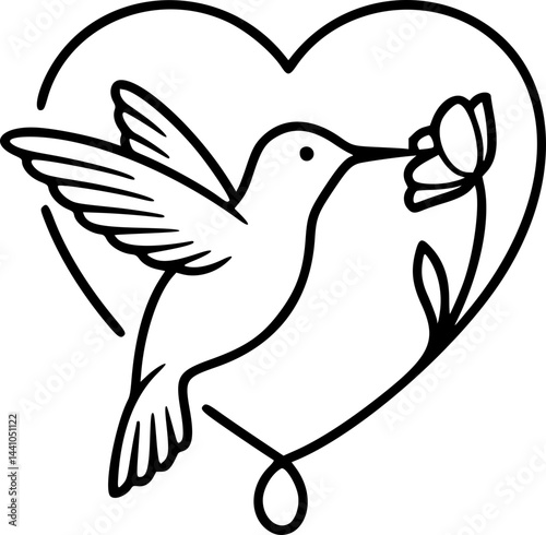 Minimalist Black and White Hummingbird Feeding in Heart Shape
