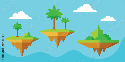 Floating islands with jungle trees cartoon vector illustration