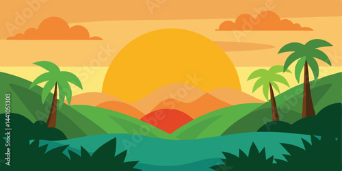 Early sunrise over jungle cartoon vector illustration
