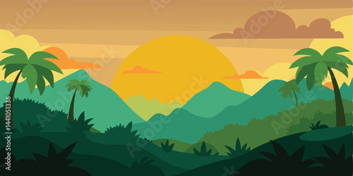 Early sunrise over jungle cartoon vector illustration