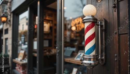 Vintage Barber Pole with Red, White, and Blue Stripes Outside a Classic Barber Shop