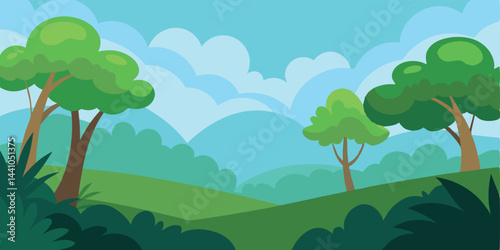 Distant lush jungle with soft clouds cartoon vector illustration