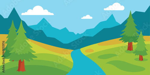 Cartoon open valley covered with forest vector illustration
