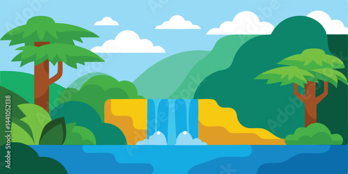 Cartoon jungle waterfall peaceful scene vector illustration