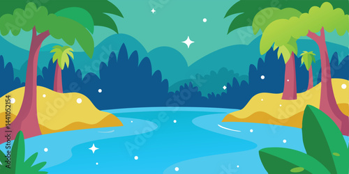 Cartoon jungle with sparkling waters vector illustration