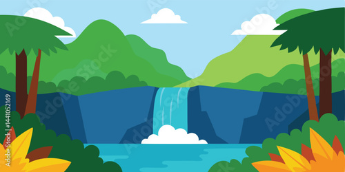 Cartoon jungle waterfall peaceful scene vector illustration