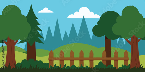 Cartoon forest with old wooden fence vector illustration