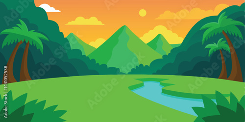 Cartoon empty green valley in jungle vector illustration