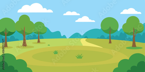 Cartoon empty grassland surrounded by trees vector illustration