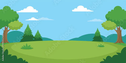 Cartoon empty grassland surrounded by trees vector illustration