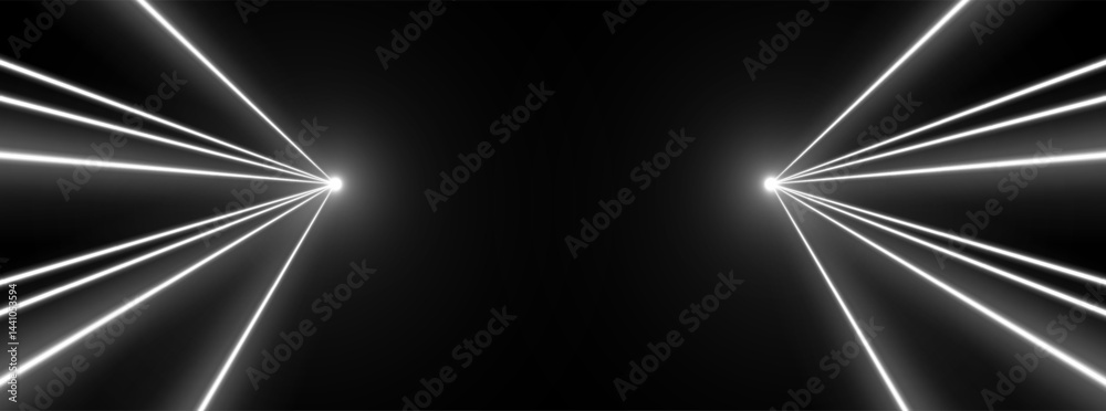 Laser rays or beams, glowing neon lines, bright futuristic background. Motion or speed light effect. Concert or nightclub spotlights. Vector illustration.