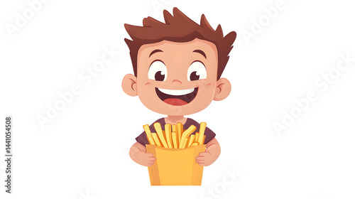 Happy Child Holding a Box of French Fries Cartoon Illustration for Food and Fun Themes