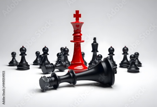 Business strategy concept with king red chess pieces breaking down or defeating other black chess pieces, symbolizing dominance and winning strategy. 