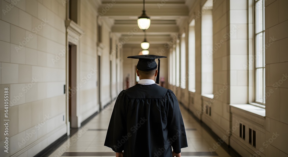 Fototapeta premium Graduation ceremony student walking in academic dress university education hallway achievement success